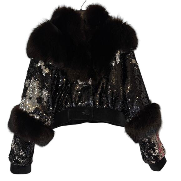 Friends With Money Black Sliver Sequin Fur Trimmed Suede Leather Cropped Jacket - Picture 2 of 11